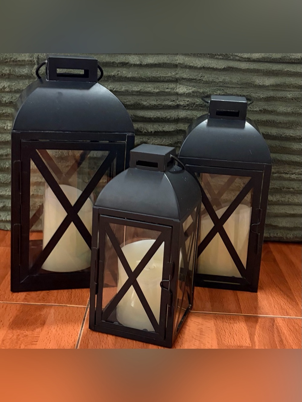 Set of 3 Black Metal & Glass Lanterns w/ LED Faux Wax Candles